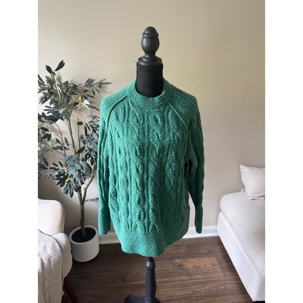 Aerie Green Cable Knit Sweater Crew Neck Raglan Sleeve Pullover XXS